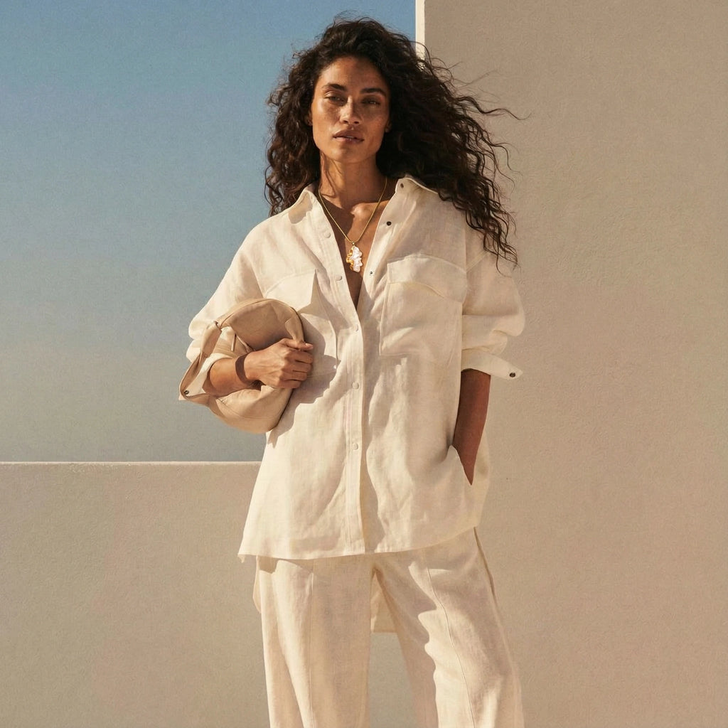 Woman in a white outfit holding a beige bag against a neutral background