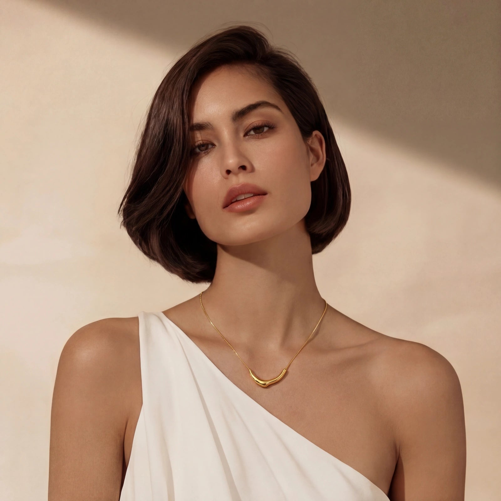 Woman wearing a gold necklace against a beige background