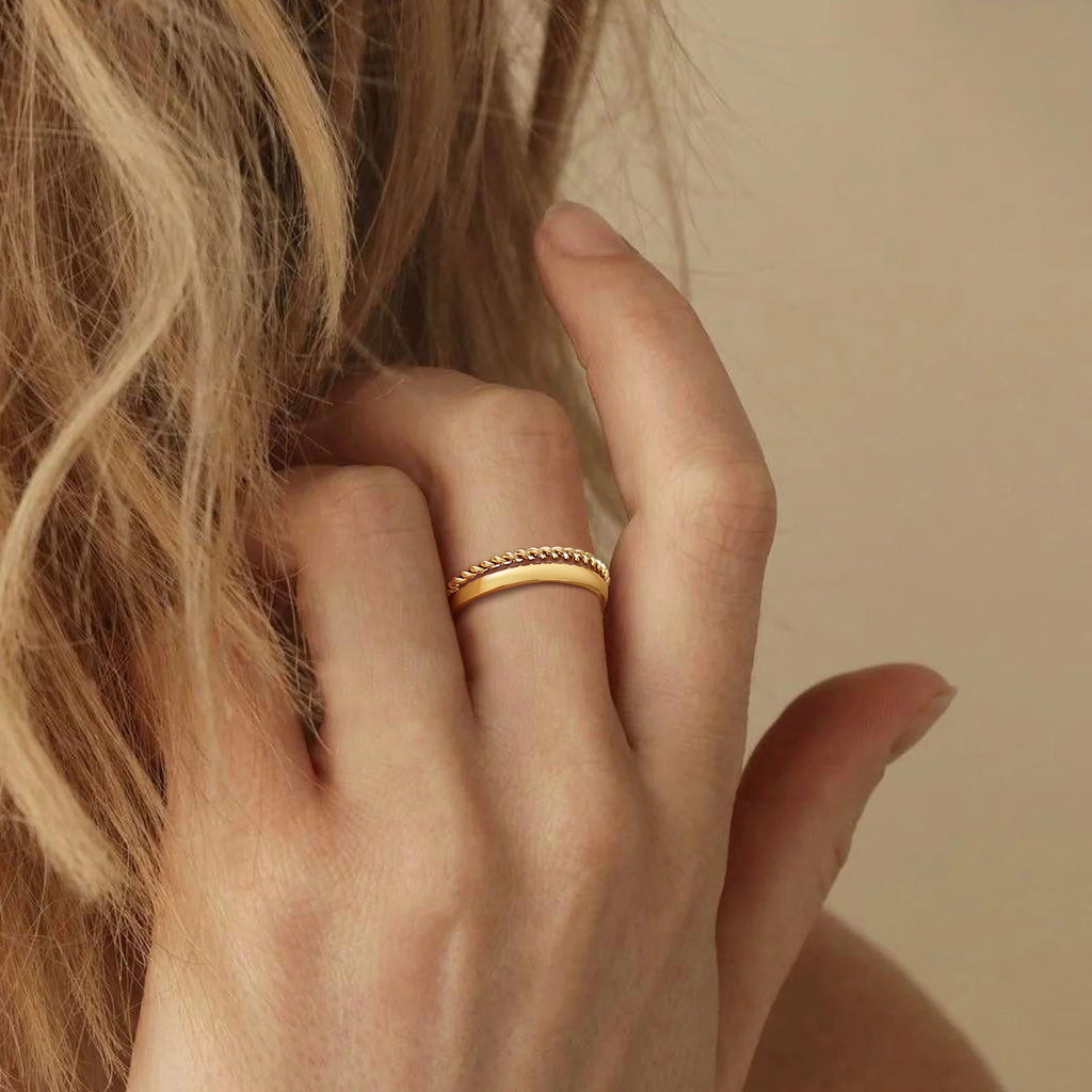 Minimalist Gold Stacking Ring Set – 2 Piece Stainless Steel Dome Band Rings for Women
