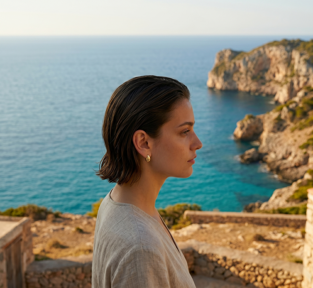 Woman standing in front of a scenic view of the ocean and cliffs.