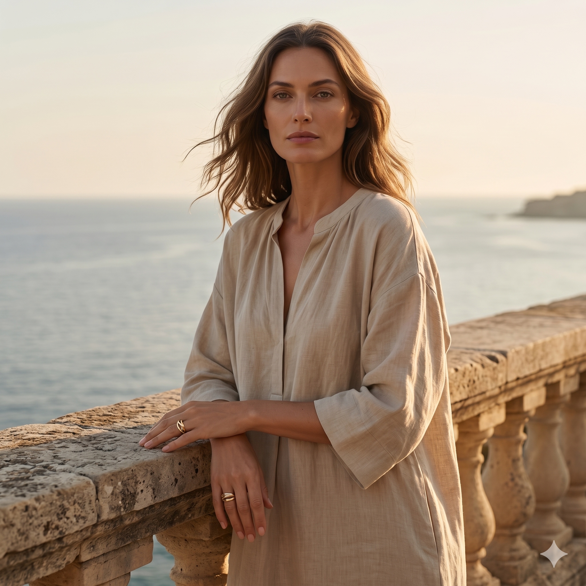 Woman in a beige dress standing by a stone railing with an ocean view.